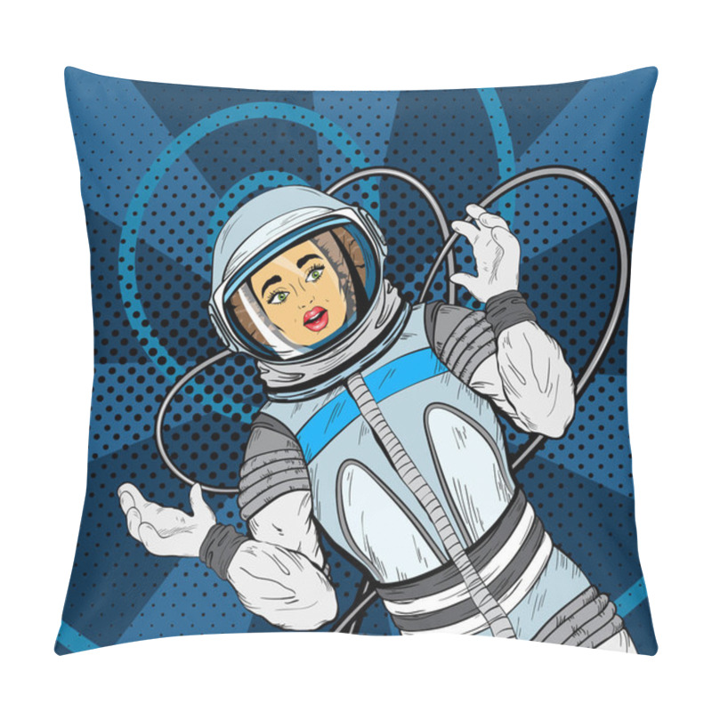 Personality  Woman With Expression Of Surprise On Her Face In Cosmonaut Suit, Pop Art Style. Pillow Covers