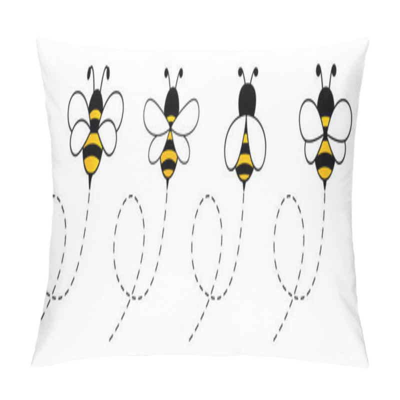 Personality  Cute Bee Icon Set. Bees Flying On A Dotted Route Collection. Isolated On White Background. Cartoon Vector Illustration. Pillow Covers