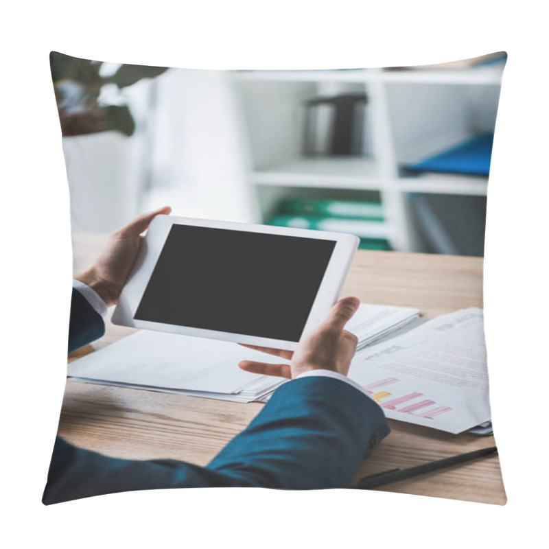 Personality  Cropped View Of Man Holding Digital Tablet With Blank Screen Near Charts And Graphs  Pillow Covers