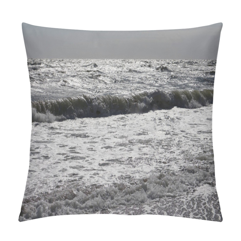 Personality  Foamy Ocean Waves Crash Against The Shore Under A Radiant Sun, Highlighting The Shimmering Silver Reflections On The Water's Surface In A Dynamic Coastal Scene. Pillow Covers