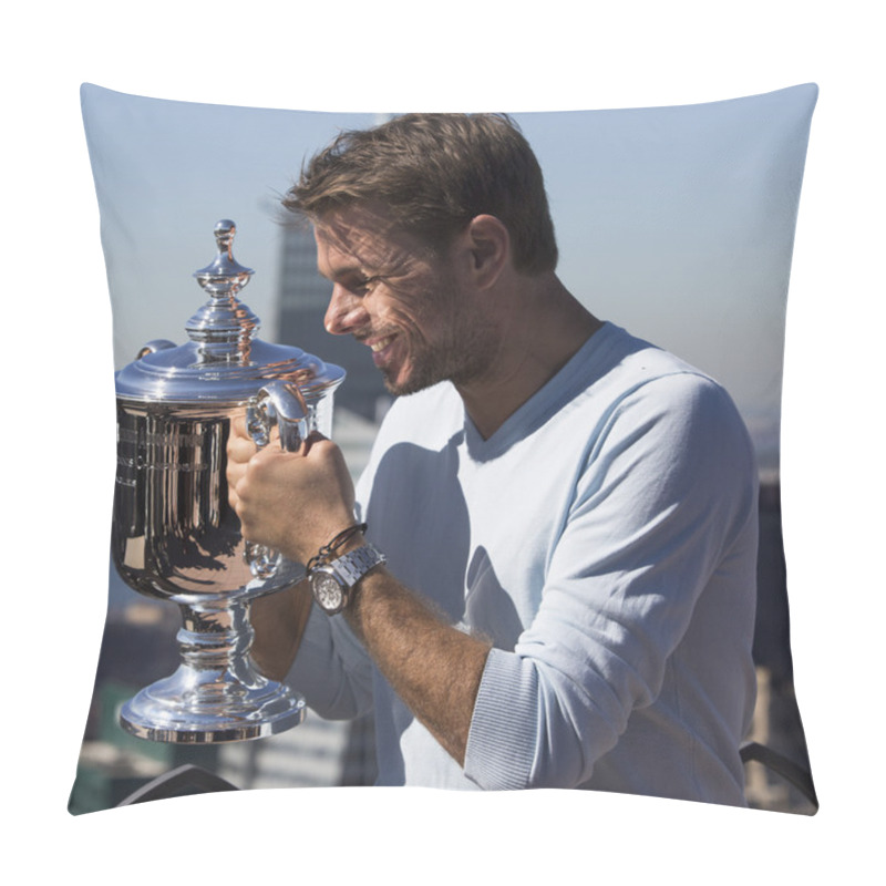 Personality  Three Times Grand Slam Champion Stanislas Wawrinka Of Switzerland Posing With US Open Trophy On The Top Of The Rock Observation Deck  Pillow Covers