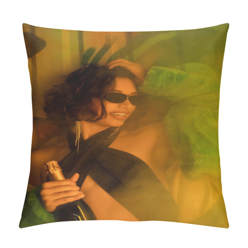 Personality  Stylish Cheerful Woman In Sunglasses Holding Champagne Near Graffiti And Smoke In Night Club Pillow Covers