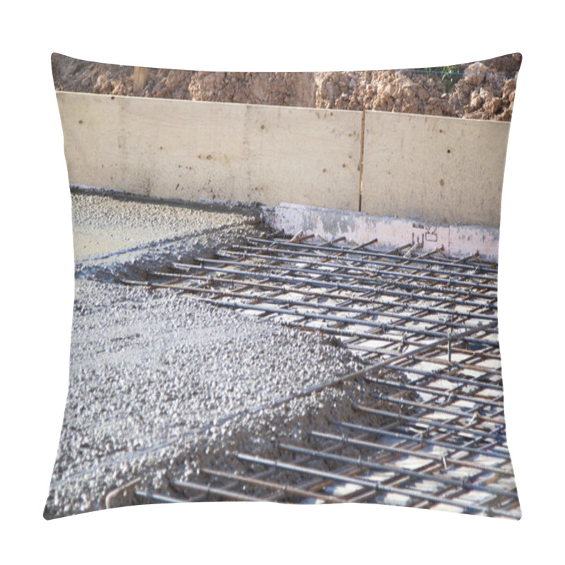 Personality  Pouring Concrete Into Prepared Place With Reinforced Metal Frame Pillow Covers