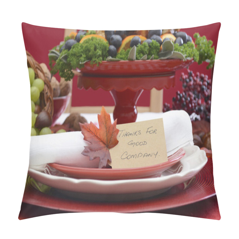 Personality  Thanksgiving Table Setting With Roast Turkey On Red White Backgr Pillow Covers