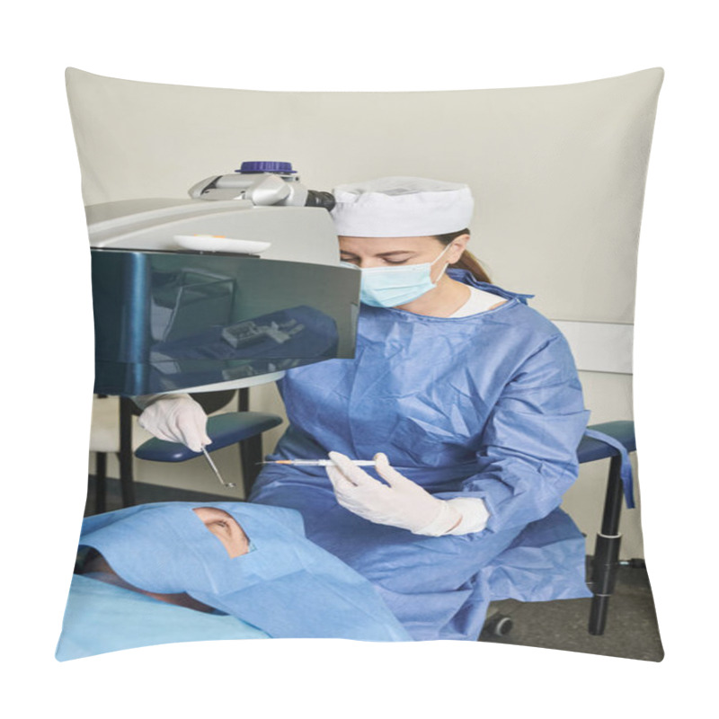 Personality  Surgeon In Gown Operates Laser Machine At Clinic. Pillow Covers