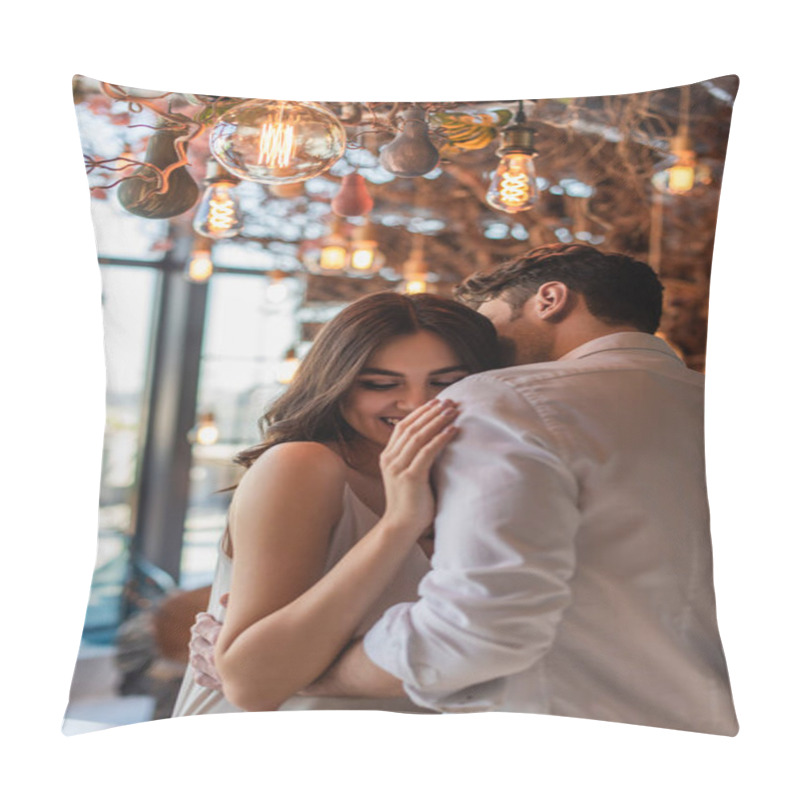 Personality  Man Kissing And Hugging Cheerful Young Woman In Restaurant  Pillow Covers