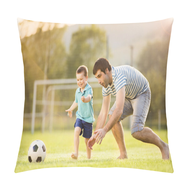 Personality  Father With Son Playing Football Pillow Covers