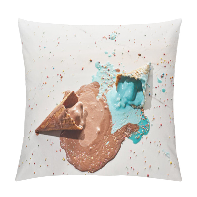 Personality  Top View Of Delicious Melted Chocolate And Blue Ice Cream In Waffle Cones On Marble Grey Background With Sprinkles Pillow Covers