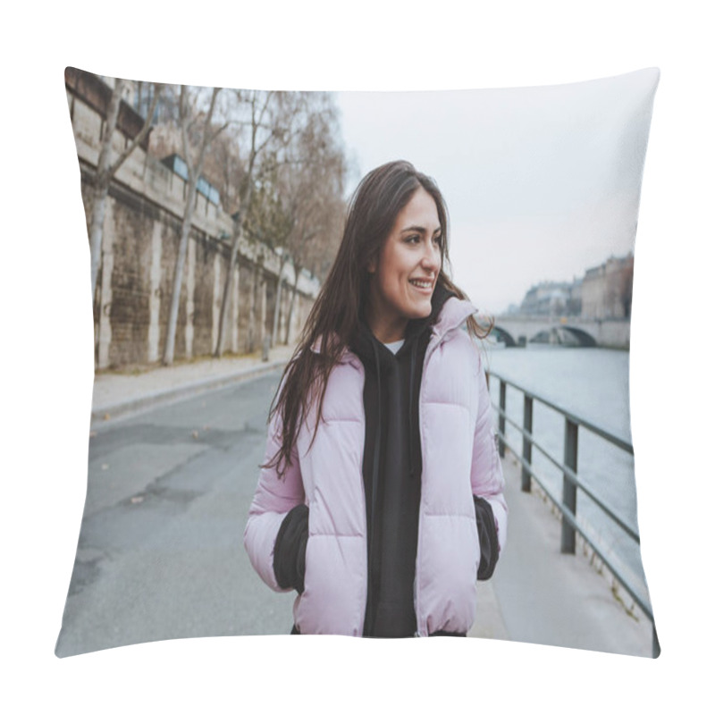 Personality  Portrait Of French Young Woman In Sports Outfit Walking Outdoors In Morning And Winter Or Cold Weather In European City Pillow Covers