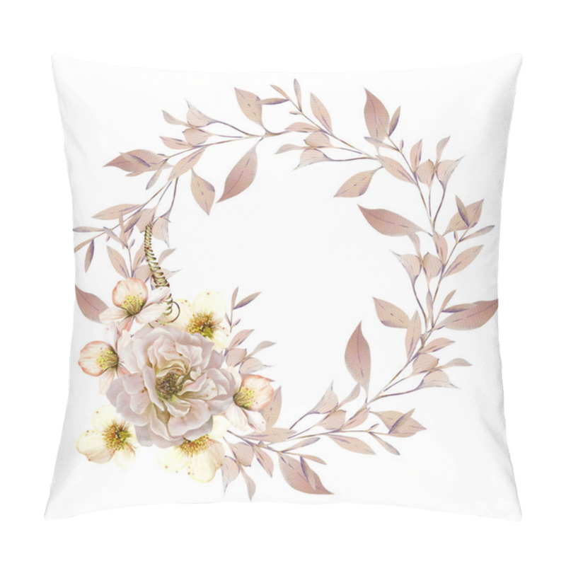 Personality  Watercolor Wedding Autumn Wreath With Rosehip Blossom, Rose Flower And Leaves. Illustration Pillow Covers