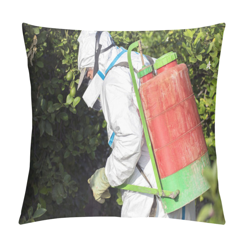 Personality  Man Spraying Toxic Pesticides, Pesticide, Insecticides On Fruit Lemon Growing Plantation, Spain, 2019. Pillow Covers