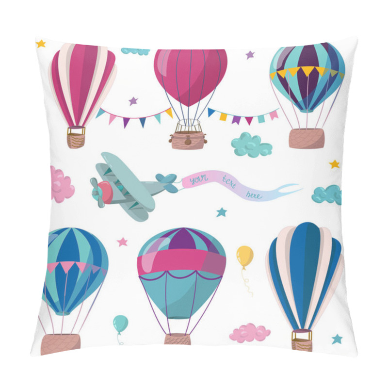 Personality  Set Of Hot Air Balloons, Plane, Clouds And Flags. Flat Vector Illustration. Collection Of Colorful Elements For Web Design, Stationery, Flyers, Cards And Children Goods. Pillow Covers