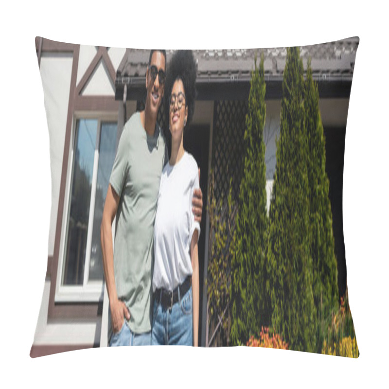 Personality  Joyful African American Couple Hugging While Standing Near New House Outdoors, Banner Pillow Covers