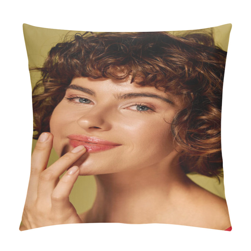 Personality  A Young Woman With Playful Curls Gently Touches Her Lips, Showcasing A Heartfelt Moment. Pillow Covers