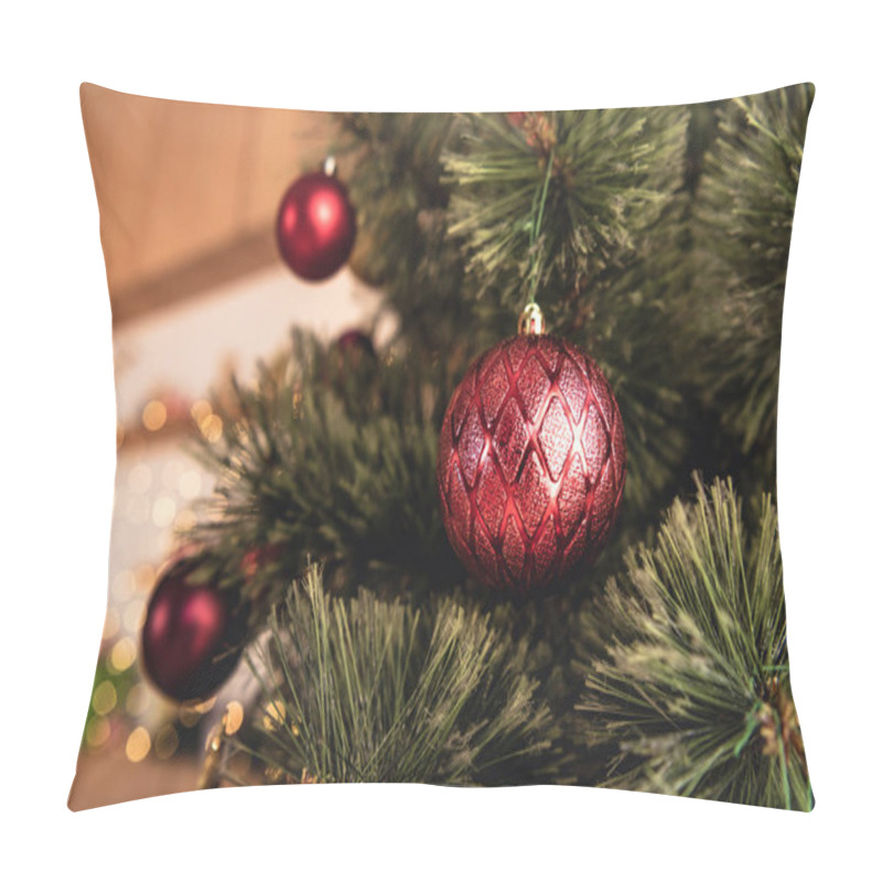 Personality  Selective Focus Of Christmas Tree With Red Baubles In Room Pillow Covers