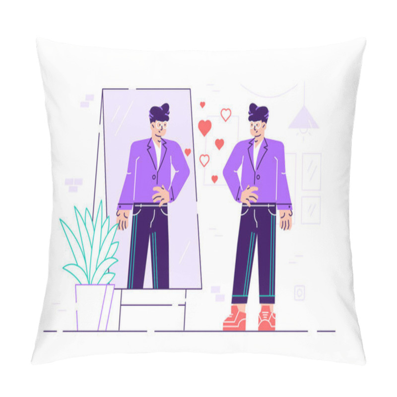 Personality  Narcissistic Man Character Looks At Mirror. Pillow Covers