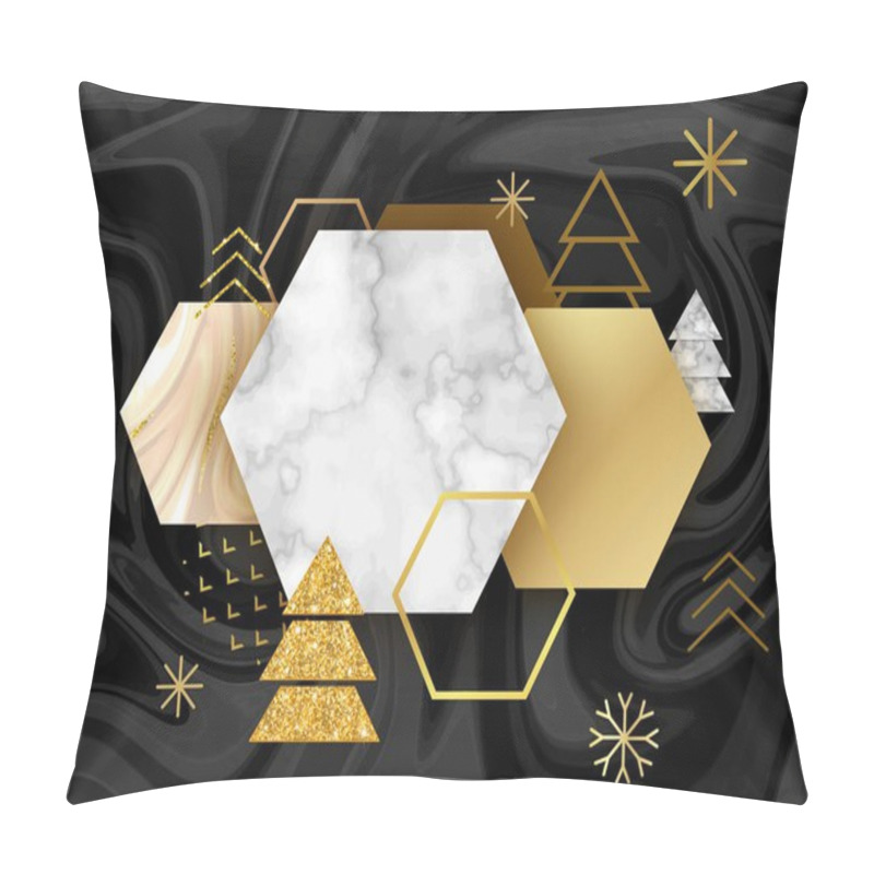 Personality  Winter Minimalistic Poster In Trendy Scandinavian Geometric Style With Marble Stone Texture, Christmas Tree Silhouette, Snowflakes, Hexagons, Metal Foil And Glitter, Holiday Invitation Template Pillow Covers