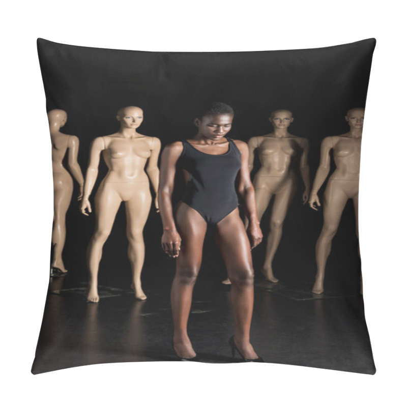 Personality  Full Length View Of Beautiful Young African American Woman In Swimsuit Standing In Front Of Mannequins And Looking Down On Black   Pillow Covers