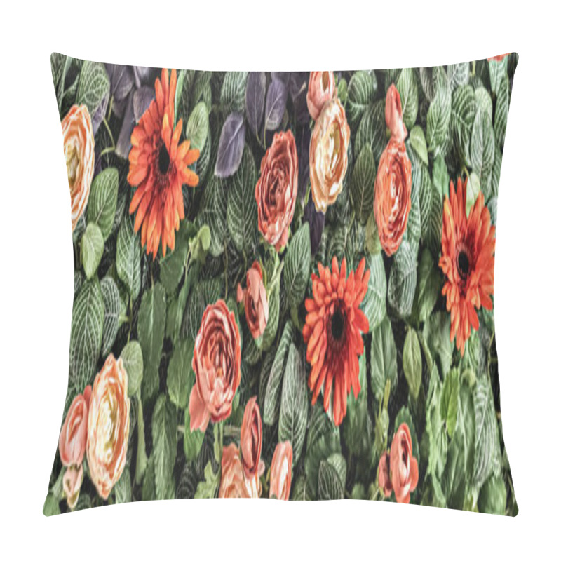 Personality  Background Of Spring Artificial Red Chrysanthemums And Peony Roses In The Garden. Spring. Blooming Wall.Banner. Pillow Covers