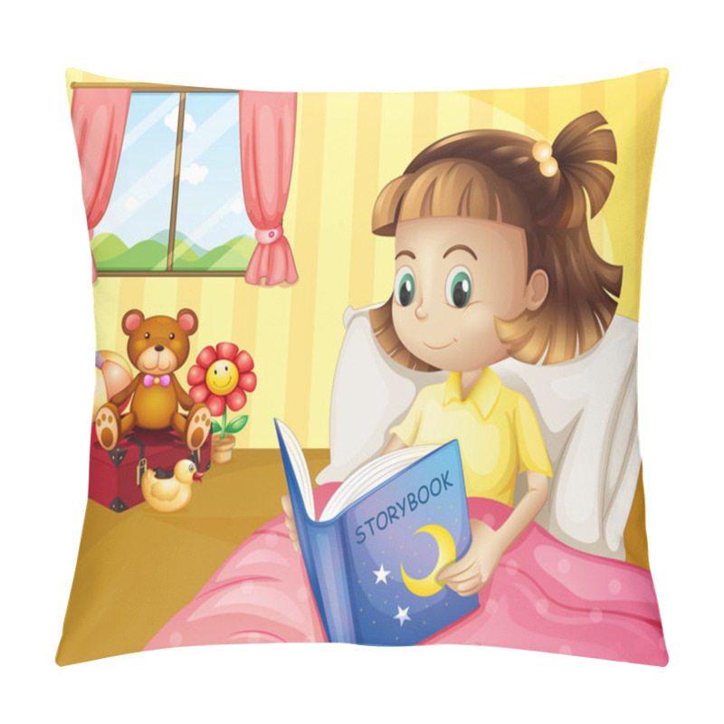 Personality  A Small Girl Reading A Storybook Inside Her Room Pillow Covers