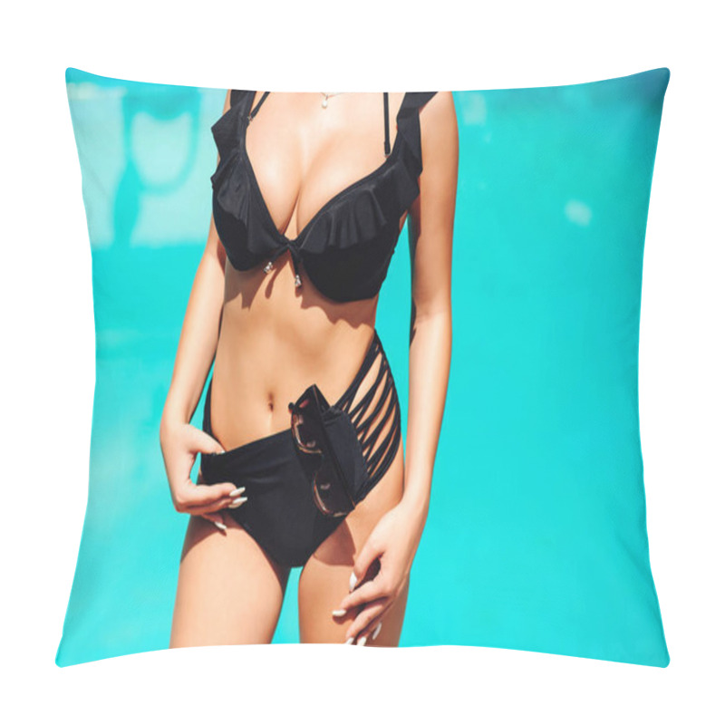 Personality  Beach Vacation. Sexy Woman Body In Black Bikini. Trendy Sunglasses. Sexy Boob. Hot Sensual Girl Enjoying Near Pool. Perfect Shining Skin. Sexy Girl With Big Tits. Breast Closeup, Biggest Boobs. Pillow Covers