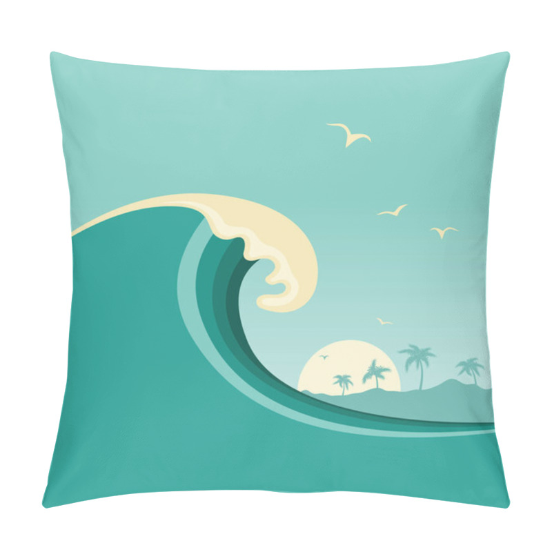 Personality  Big Ocean Wave And Tropical Island.Vector Poster Background Pillow Covers