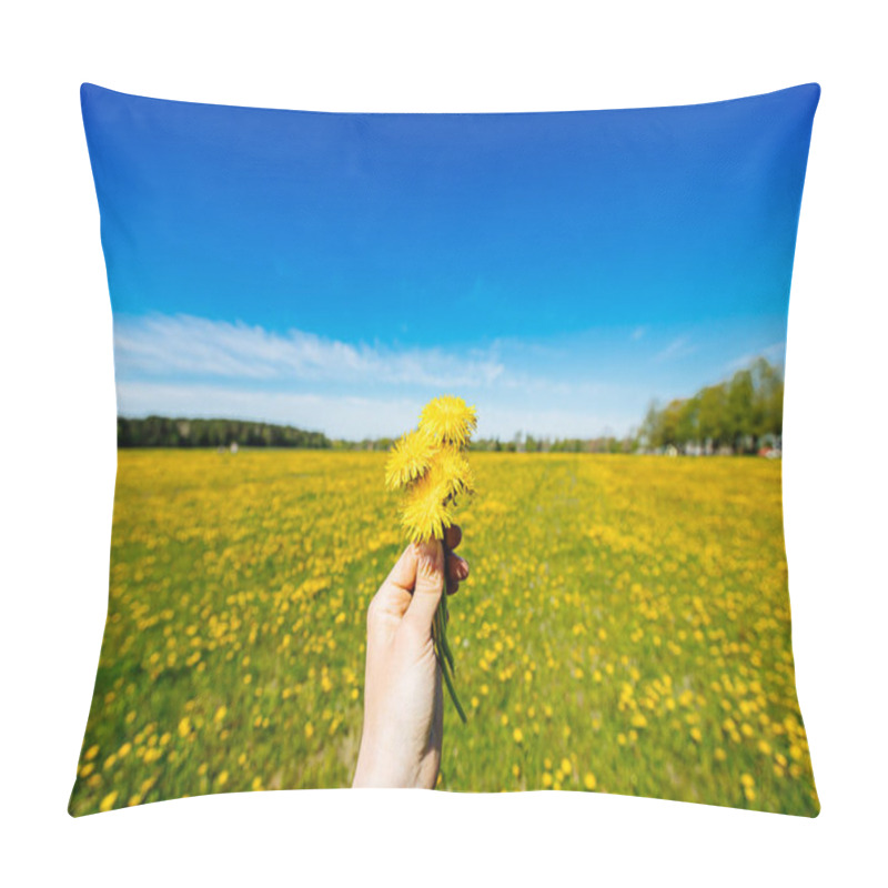 Personality  Man Hand Holding Yellow Flovers On Yellow Dandelion Field Background. Pillow Covers