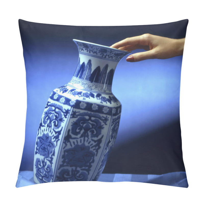 Personality  Hand Put A Decorated Ceramic Vase On A Table Pillow Covers