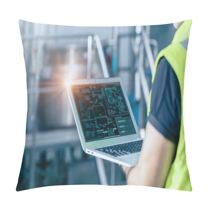 Personality  Engineer With Laptop High Technology Software For Industrial Factory Automation Operate Control Service Machine Working Monitor. Pillow Covers