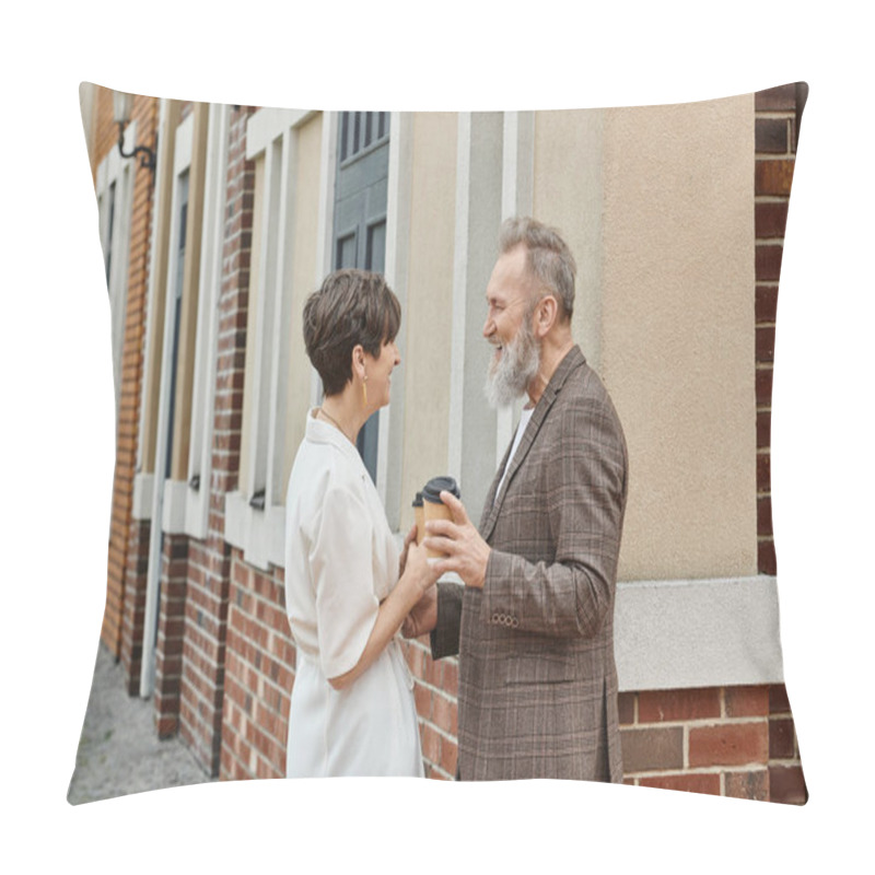 Personality  Happy Senior Couple, Coffee To Go, Building, Elderly Man And Woman, Laughter, Looking At Each Other Pillow Covers