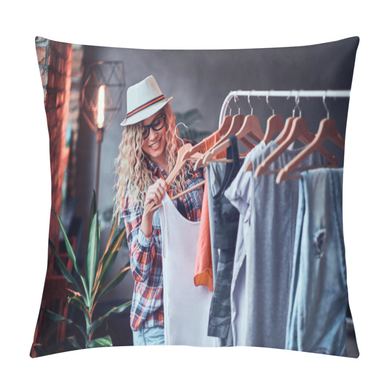 Personality  Pretty Young Woman In Hat And Glasses  Is Choosing New Outfit For Summer Pillow Covers