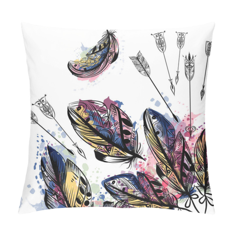 Personality  Vector Background With Hand Drawn Feathers In Engraved Tribal St Pillow Covers