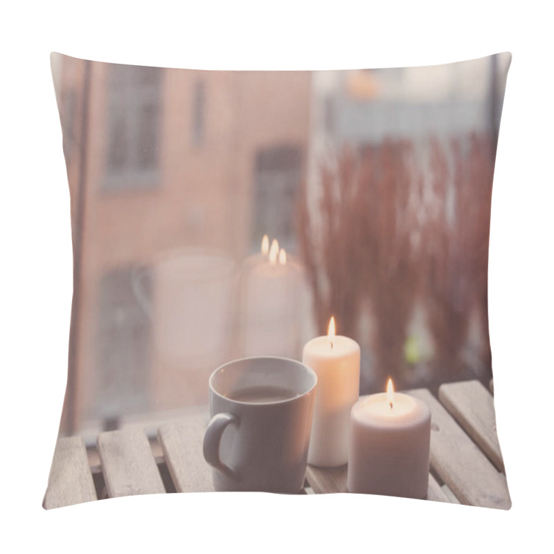 Personality  Cup Of Coffee And Candles Standing On Table Pillow Covers