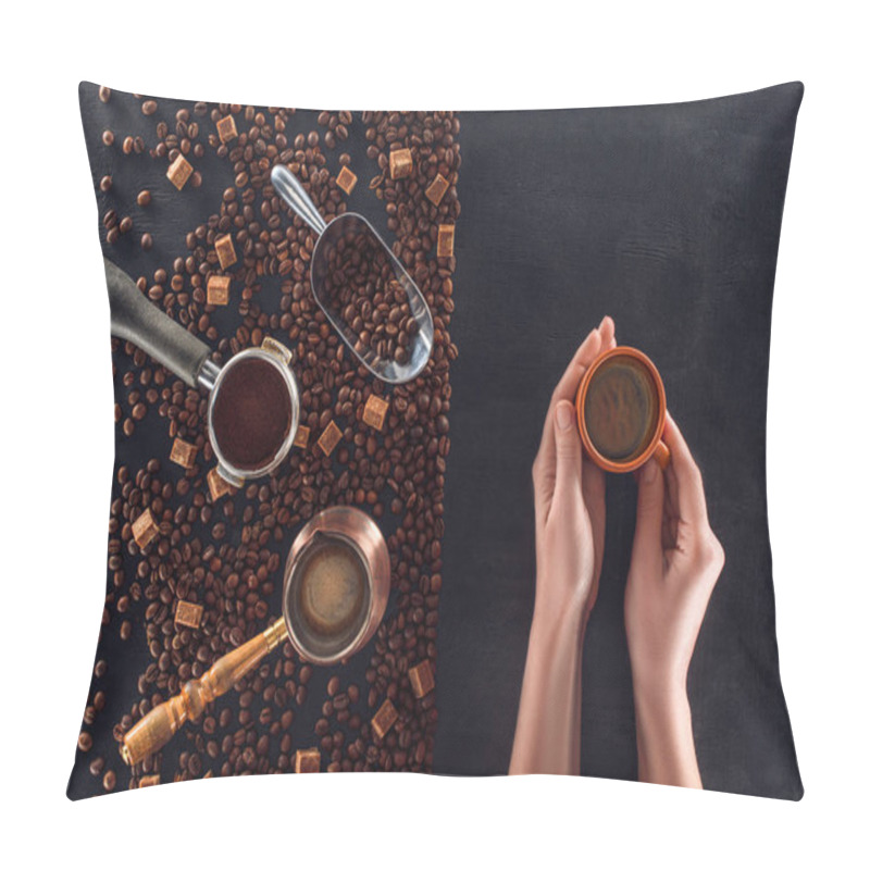 Personality  Top View Of Person Holding Cup Of Coffee And Roasted Coffee Beans With Coffee Pot, Scoop And Sugar Pillow Covers