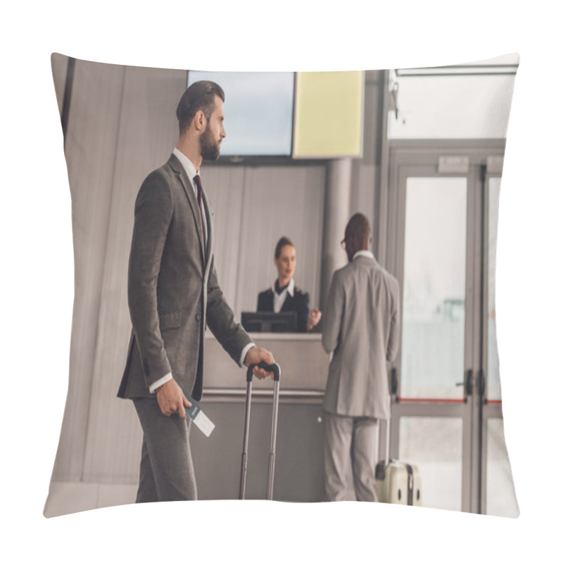 Personality  Businessman With Luggage And Flight Ticket At Airport Pillow Covers