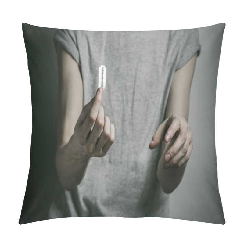 Personality  Depression And Suicide Theme: Man Holding A Razor To Suicide On A Gray Background In The Studio Pillow Covers