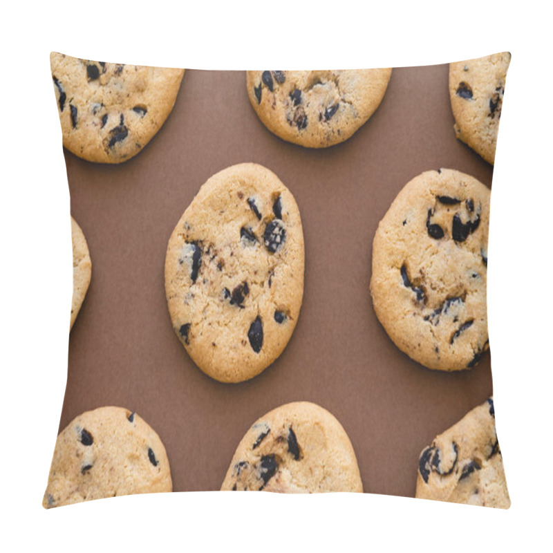 Personality  Top View Of Cookies With Chocolate Chips On Brown Background  Pillow Covers