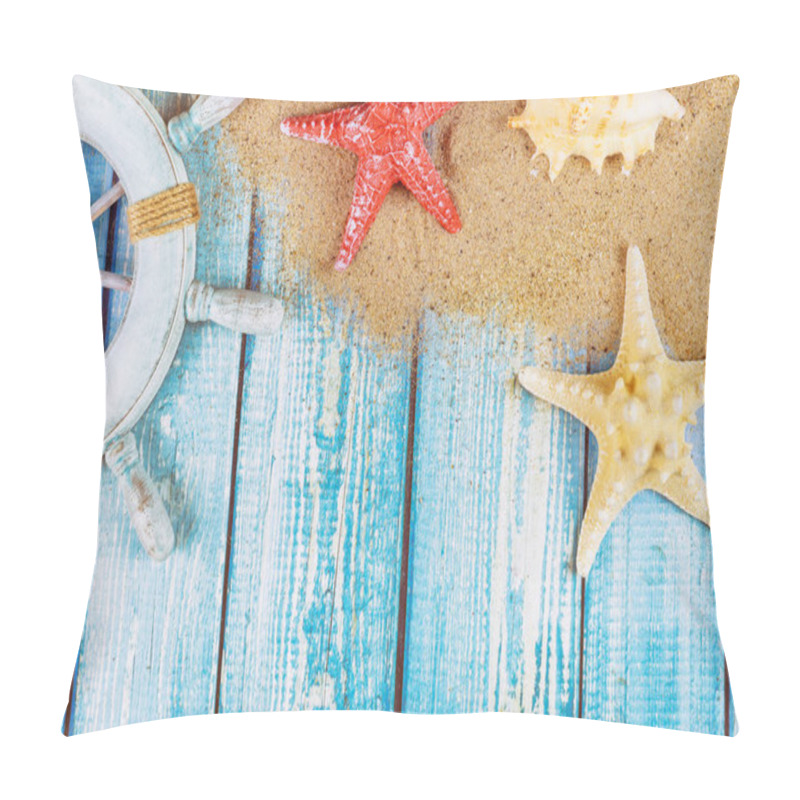 Personality  Decorative Steering Wheel With Starfish, Seashells On The Sandy Beach Blue Wood Background Pillow Covers