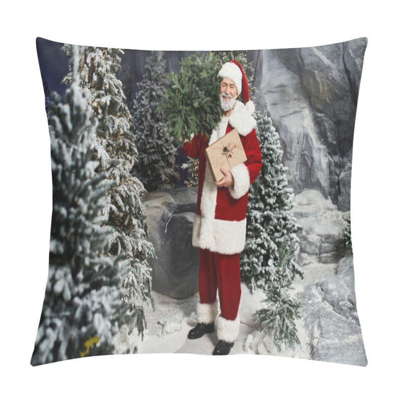 Personality  A Jolly Figure Of Santa Claus Stands Amidst Evergreen Trees, Holding A Wrapped Gift. Pillow Covers