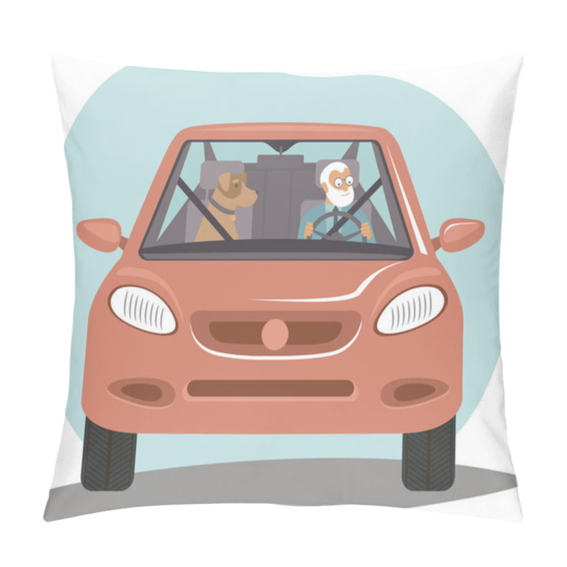 Personality  Senior Age Traveler With His Dog Retired Tourist On The Road Trip Grandparent Having Holidays Trip Vector Flat Character Design Pillow Covers