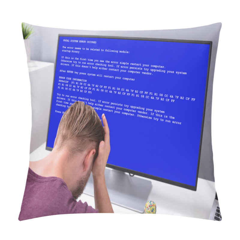 Personality  Worried Man At Computer With System Failure Screen At The Workplace Pillow Covers