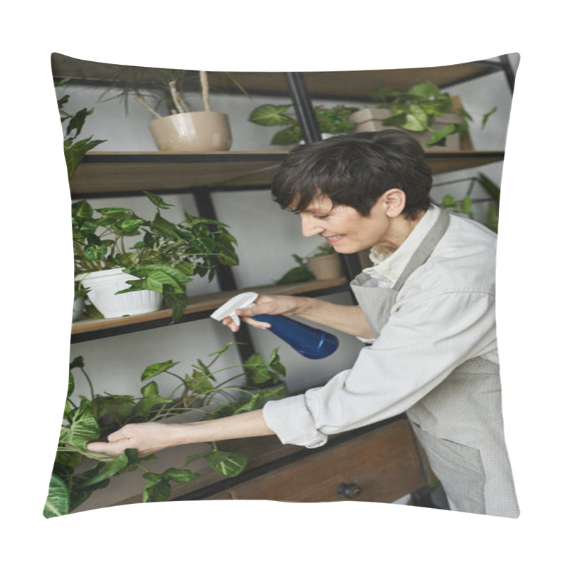 Personality  A Gardener Lovingly Cares For Her Leafy Plants In A Vibrant Studio. Pillow Covers