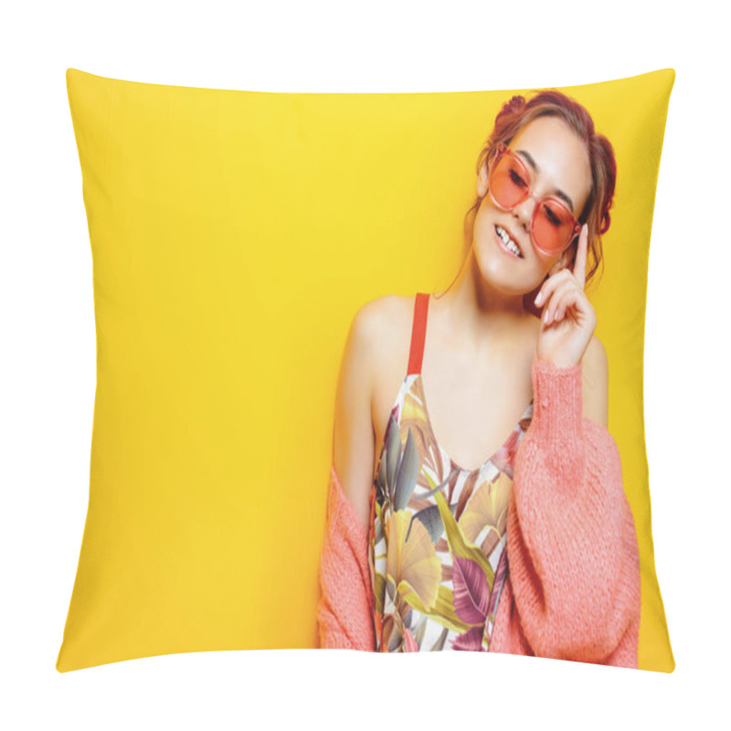 Personality  Beautiful Girl With Pink Hair Wearing Bright Clothes Over Yellow Background. Bright Style, Fashion. Pillow Covers