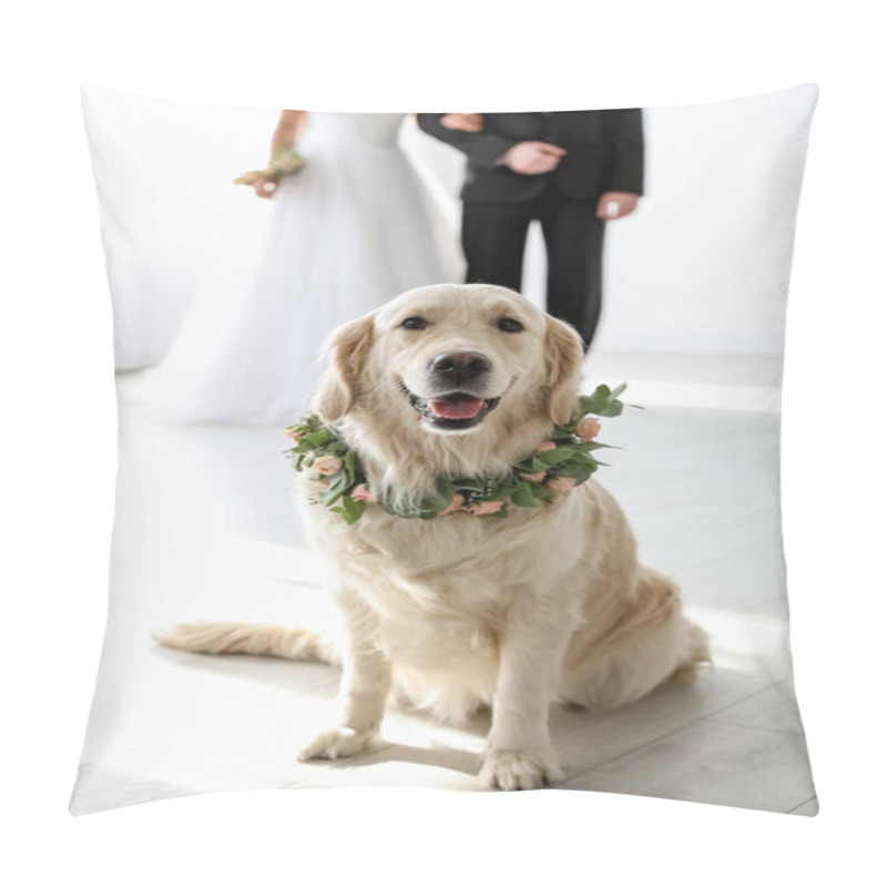 Personality  Adorable Golden Retriever Wearing Wreath Made Of Beautiful Flowers On Wedding Pillow Covers