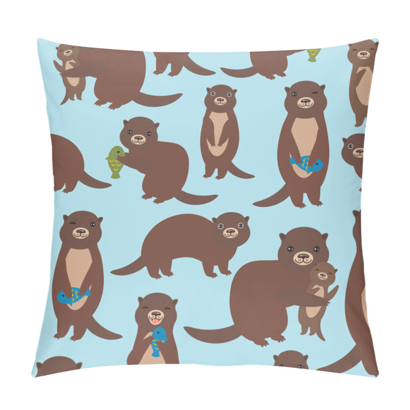 Personality  Seamless Pattern Funny Brown Otters With Fish On Blue Background. Kawaii Animals. Vector Illustration Pillow Covers