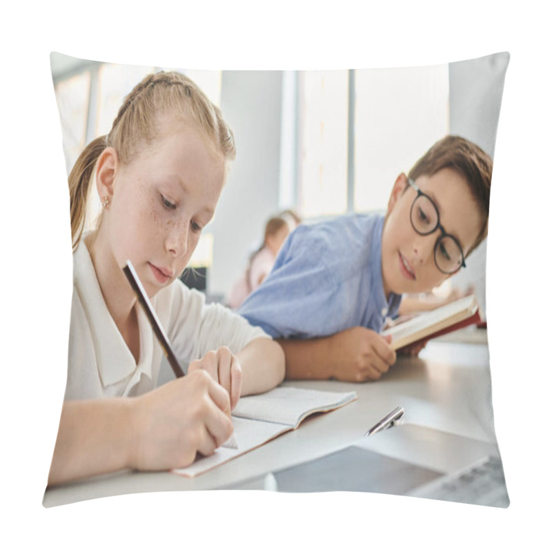 Personality  A Young Girl And Boy Deep In Thought As They Tackle Their Homework In A Lively Classroom. Pillow Covers