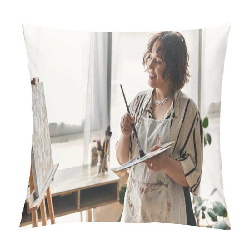 Personality  Curly-haired Woman Immersed In Painting, Expressing Her Creativity In A Stylish Apartment. Pillow Covers