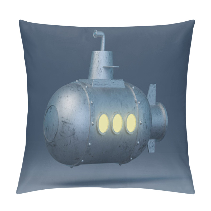 Personality  3d Illustration. A Simple Cartoonish Submarine Made Of Scratched Metal And Equipped With A Periscope On The Blue Background Of A Deep Ocean. Pillow Covers