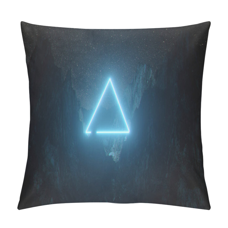 Personality  Beautiful Minimalistic Fantastic Landscape. Bright Blue Neon Triangle Among The Mountains Against The Background Of A Rotating Night Starry Sky. 3d Illustration Pillow Covers