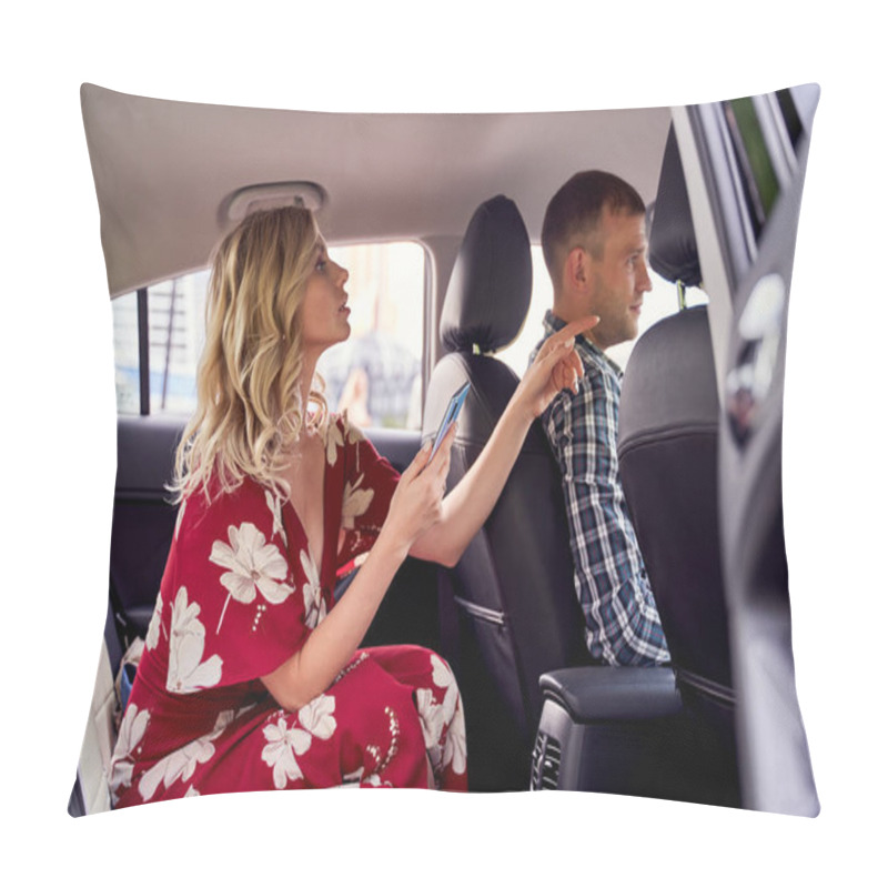 Personality  Photo Of Blonde Woman Looking At Camera Sitting In Back Seat Of Car Pillow Covers